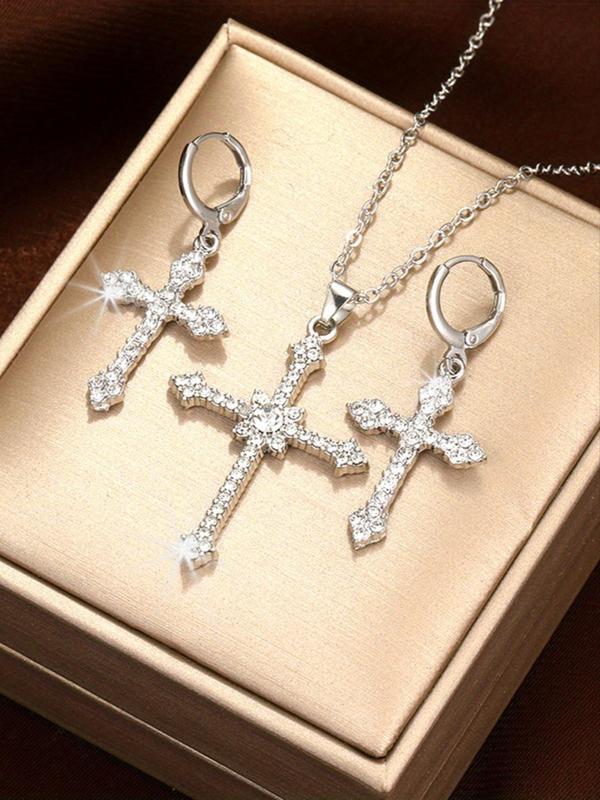 3pcs set Women's Rhinestones Decorated Pendant Necklace & Dangle Earrings with Cross Design, Elegant Exquisite Jewelry Set For Party Decoration As Gift Without Box