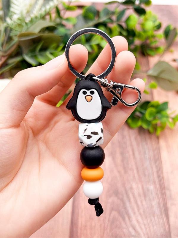 Cute Penguin Design Beaded Decor Keychain, Colorblock Animal Design Keychain for Women & Men, Novelty Key Ring for Bag & Car Key