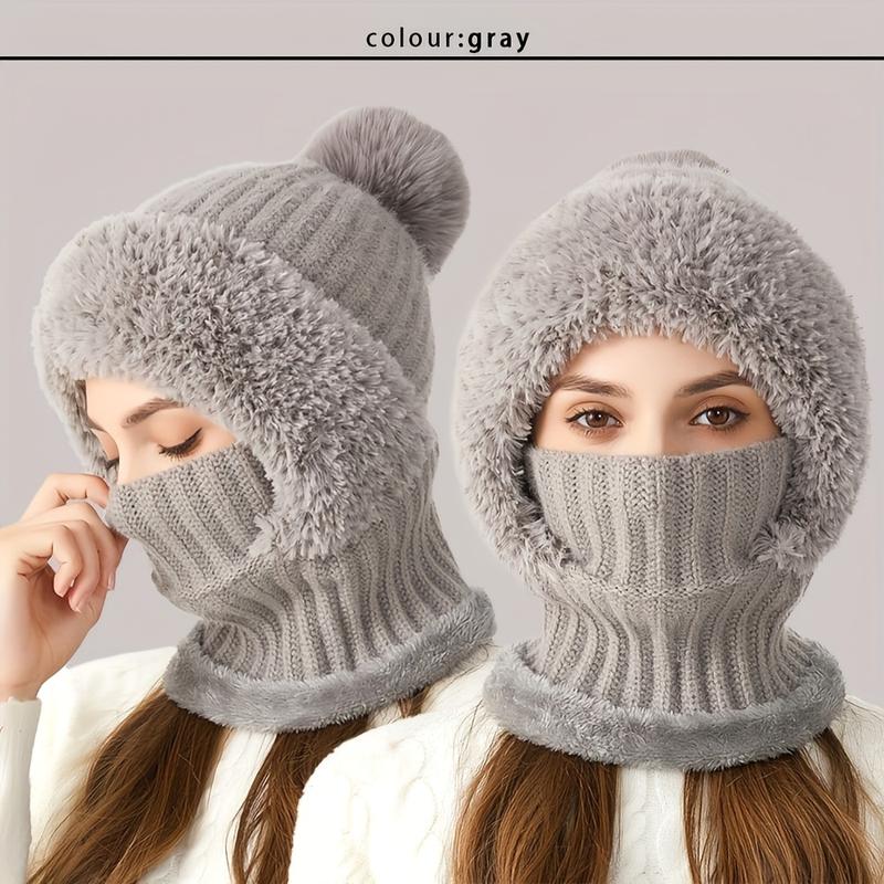 3-in-1 Winter Hat, Scarf and Mask Suit-Windproof Fleece Knitted Hat with Earmuffs, Suitable for Cycling, Hand Wash Acrylic Material