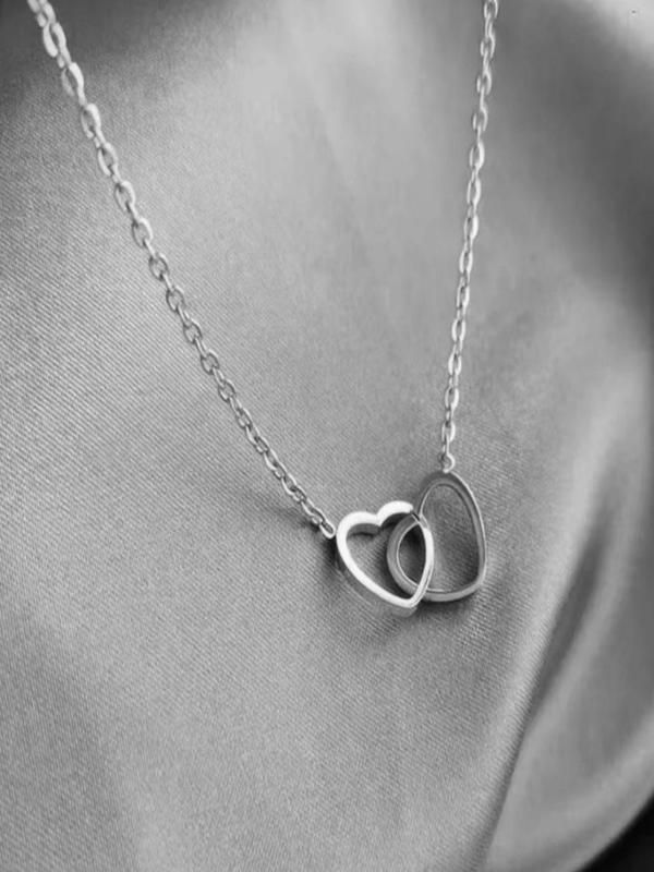 Versatile Double Hollow out Heart Pendant Necklace for Gift, Stainless Steel Chain Necklace Jewelry for Party, Trendy Teen Girl Accessories As Gift for Daily Wear, without Box