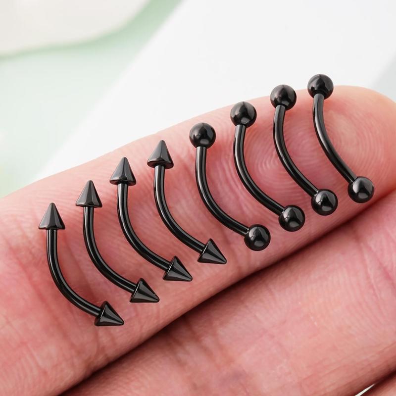 Oufer 16G 10MM 8PCS Black Balls and Spikes Rook Eyebrow Ring Curved Barbell