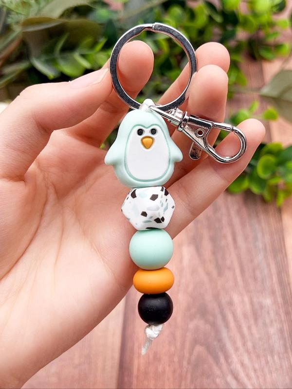 Cute Penguin Design Beaded Decor Keychain, Colorblock Animal Design Keychain for Women & Men, Novelty Key Ring for Bag & Car Key