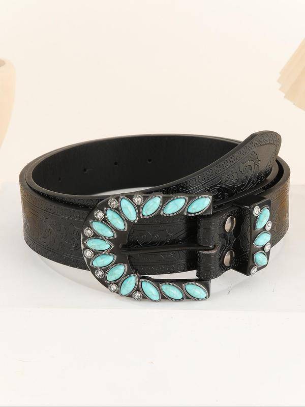 Women's Vintage Turquoise Texture Decorated PU Buckle Belt, Boho Style Rhinestone Decorated Belt for Jeans, Fashion Belt for Party, Daily Clothing Decor