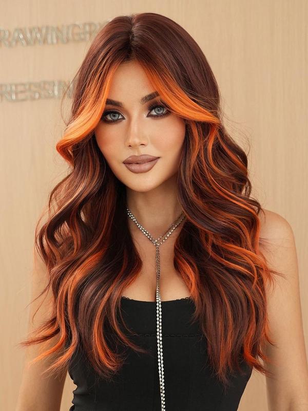 26 Inch Piano & Balayage Color Long Body Wavy Wigs for Women, Natural Looking Gorgeous Fluffy Wigs with Curtain Bangs, Natural Looking Synthetic Full Machine Wigs for Party, Daily Use,  Cheap and Affordable Wigs