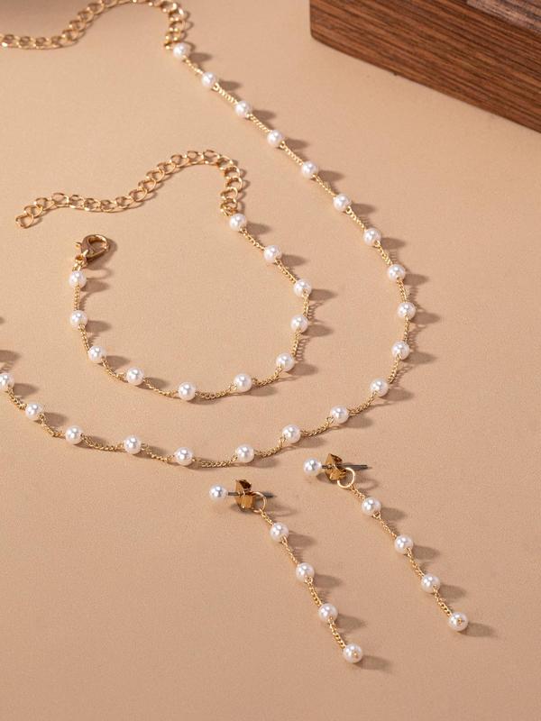 Women's Elegant Faux Pearl Decorated Necklace & Bracelet & Dangle Earrings, Exquisite Trendy Jewelry Set, Fashionable Jewelry Set for Party Decoration