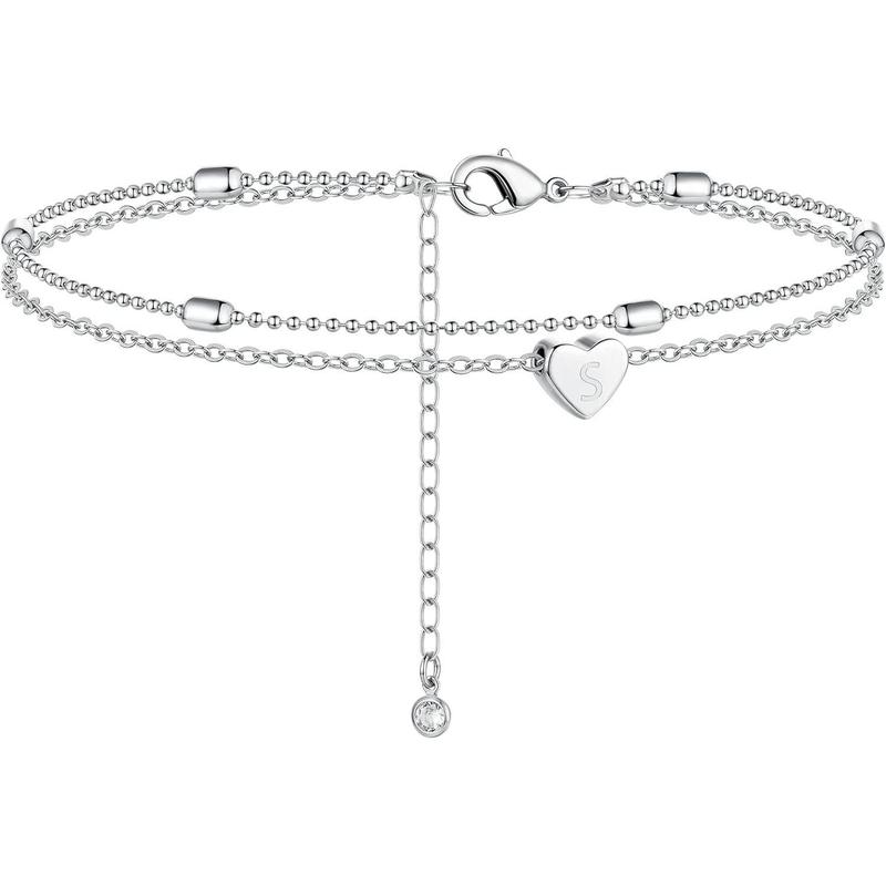 Moodear Ankle Bracelets for Women,Silver Initial Anklet Layered Dainty Heart Charm Alphabet A-Z Letter Ankle Bracelet Beade