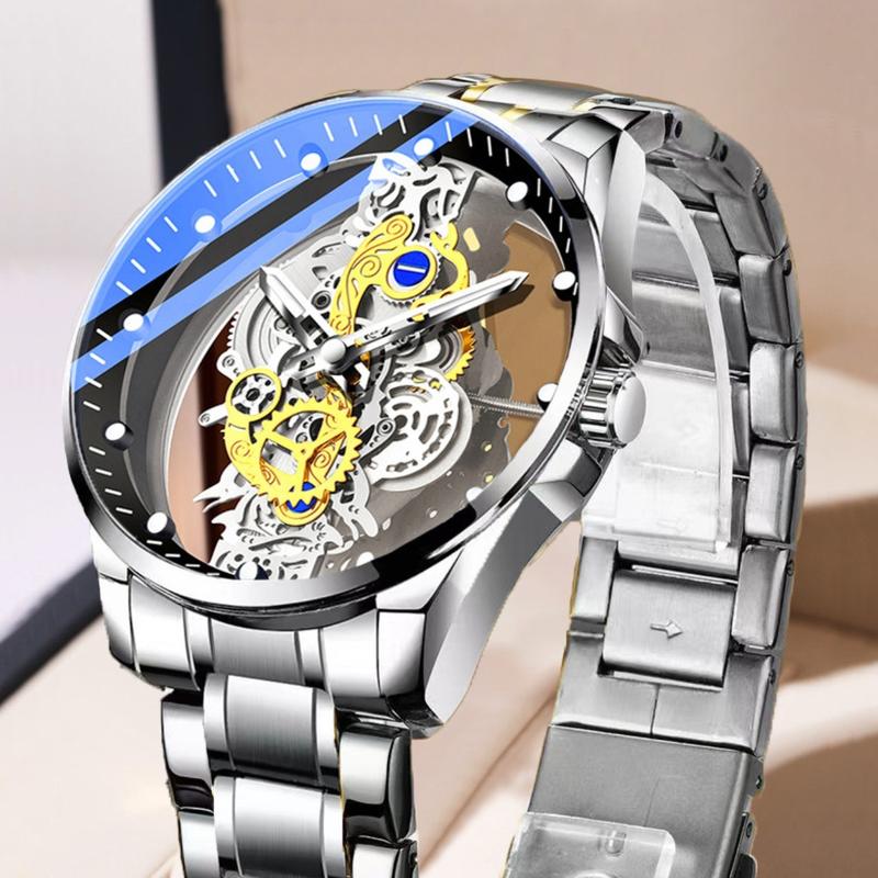 New double-sided transparent hollow out fully automatic mechanical watch for men, men's waterproof luminous quartz watch