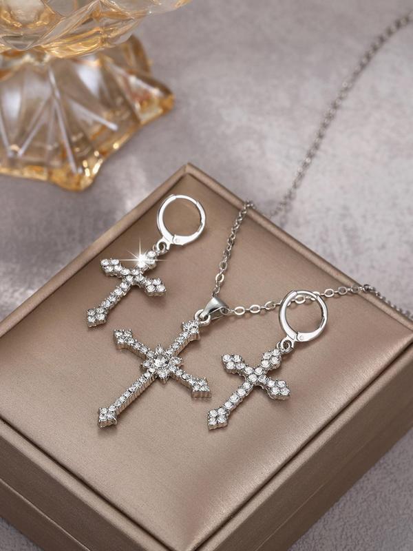 3pcs set Women's Rhinestones Decorated Pendant Necklace & Dangle Earrings with Cross Design, Elegant Exquisite Jewelry Set For Party Decoration As Gift Without Box