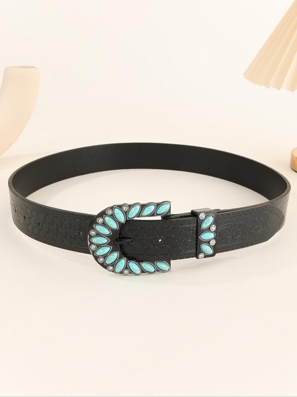 Women's Vintage Turquoise Texture Decorated PU Buckle Belt, Boho Style Rhinestone Decorated Belt for Jeans, Fashion Belt for Party, Daily Clothing Decor