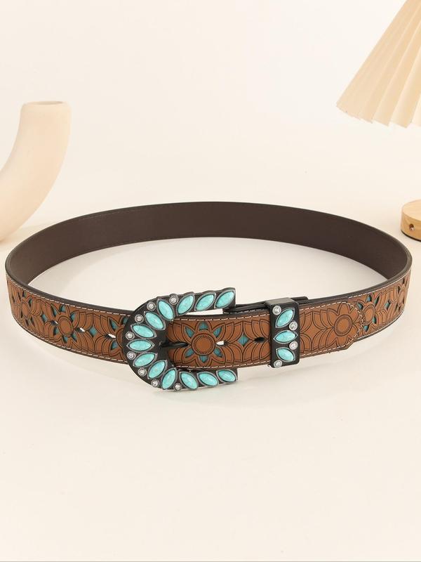 Women's Vintage Turquoise Texture Decorated PU Buckle Belt, Boho Style Rhinestone Decorated Belt for Jeans, Fashion Belt for Party, Daily Clothing Decor