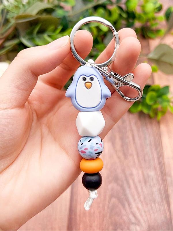 Cute Penguin Design Beaded Decor Keychain, Colorblock Animal Design Keychain for Women & Men, Novelty Key Ring for Bag & Car Key