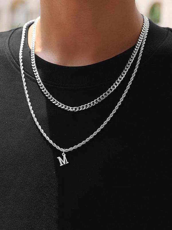 2pcs set Men's Punk Style Stainless Steel Letter Pendant Necklace, Casual 2024 New Trendy Chain Necklace for Party, Club, Classic Fashion Accessories for Daily Wear