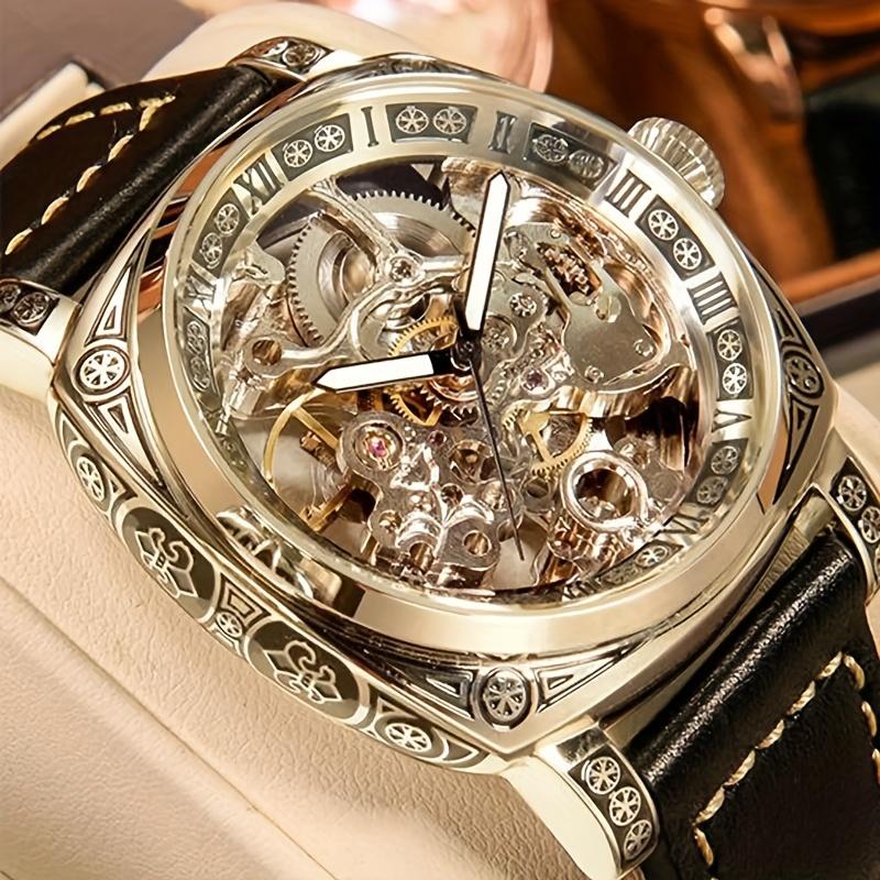 Mens' Fashionable Golden Trendy Hollow Carved Automatic Mechanical Watch - Wrist Watches with Carved Dial esso watches luxury  watches