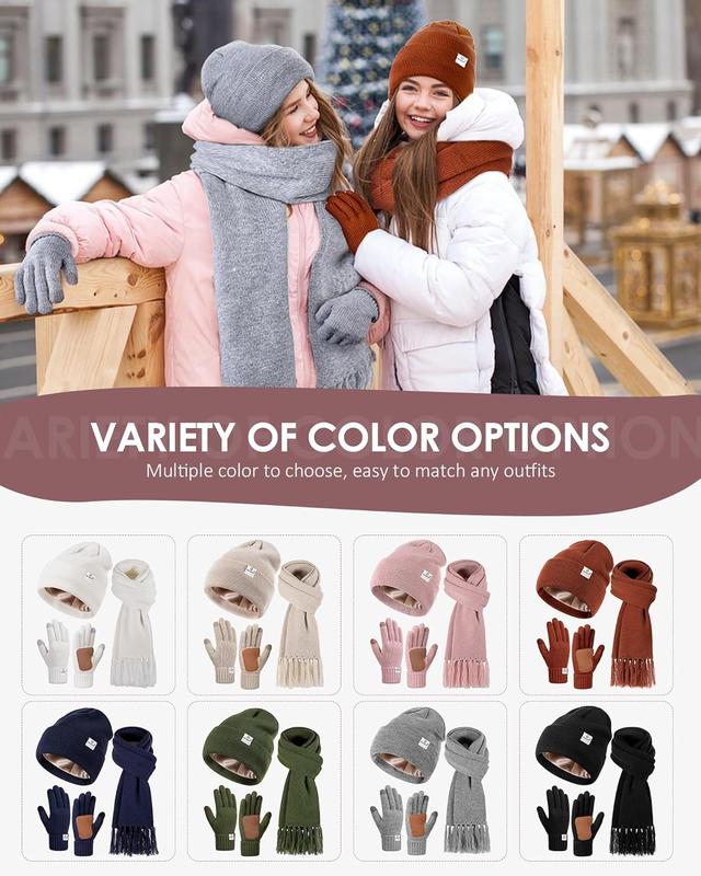 Womens Satin Lined Beanie Scarf Gloves Set, Silk Lined Winter Hats Knit Scarf Touchscreen Gloves, 3 Fashionable Warm Gift Set