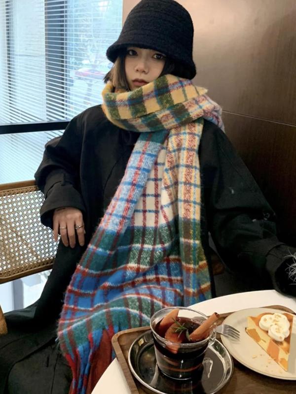 Colorblock Plaid Pattern Tassel Design Scarf, Casual Soft Warm Thick Shawl for Fall & Winter, Fashion Accessories for Women & Men