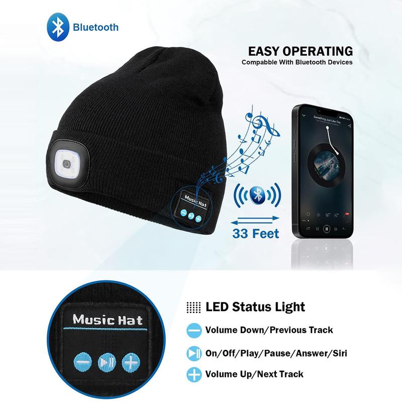 Bluetooth Beanie Hat with Light, Headlamp Cap with Headphones and Built-in Speaker Mic- USB Rechargeable Winter Knitted Cap,Christmas Gift