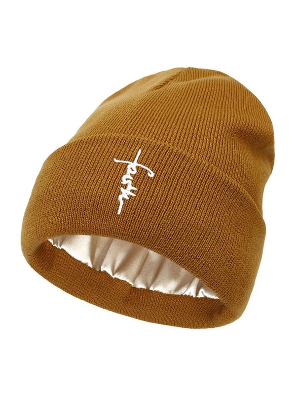 Letter Embroidery Satin lining Beanie Hat, Casual Winter Warm Knit Hat for Women & Men, Fashion Accessories for Daily Wear