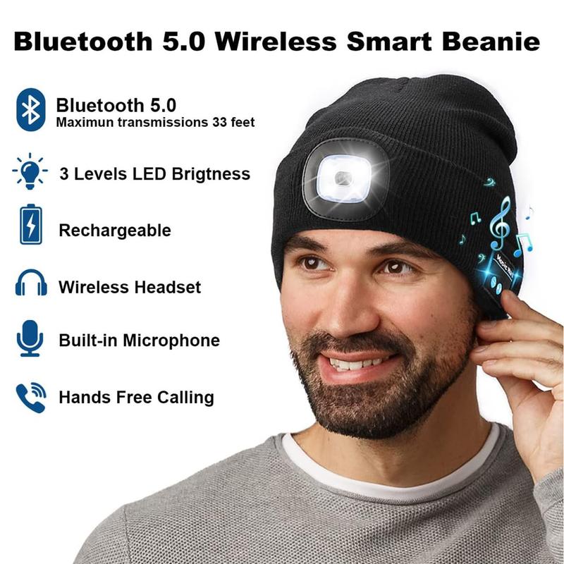 Bluetooth Beanie Hat with Light, Headlamp Cap with Headphones and Built-in Speaker Mic- USB Rechargeable Winter Knitted Cap,Christmas Gift