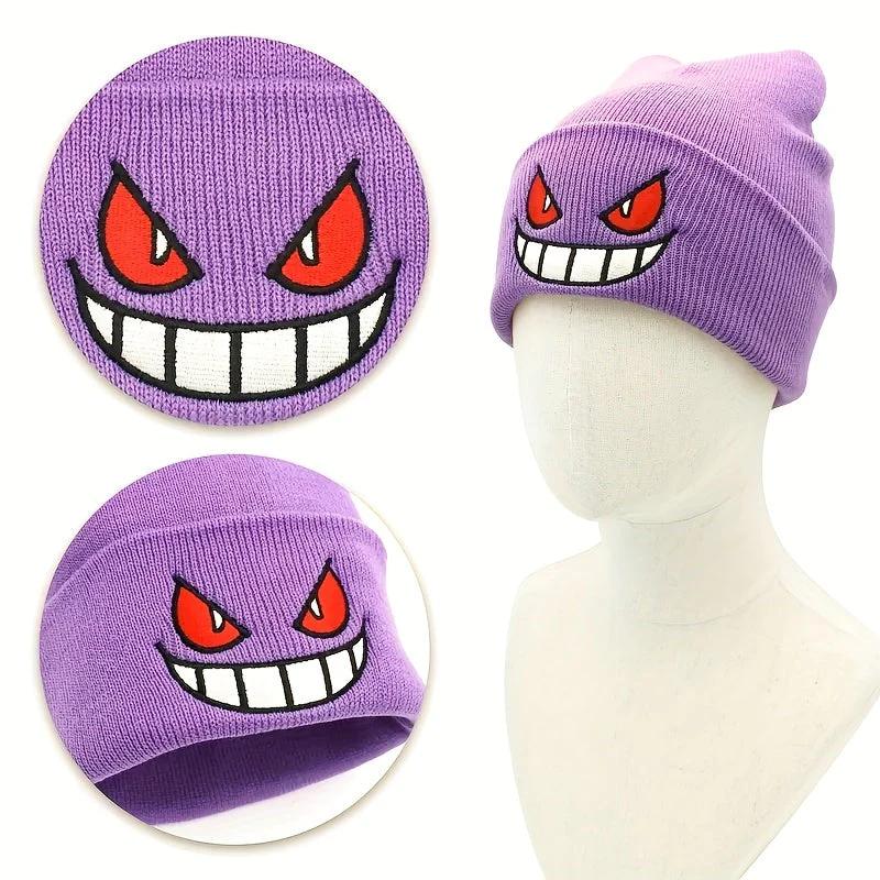 y2k beanie Anime Devil Embroidered Beanies Solid Color Trendy Knit Hats Party Hats Lightweight Elastic Skull Cap Warm Ski Hats For