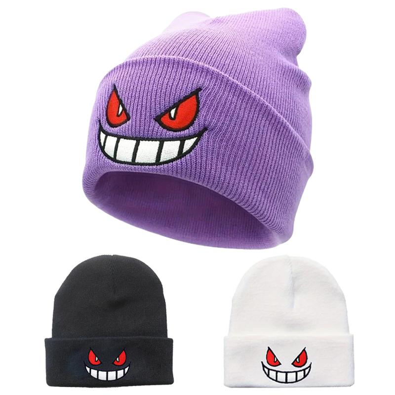 y2k beanie Anime Devil Embroidered Beanies Solid Color Trendy Knit Hats Party Hats Lightweight Elastic Skull Cap Warm Ski Hats For