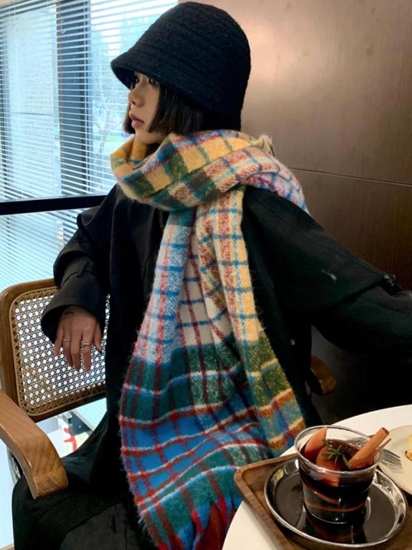 Colorblock Plaid Pattern Tassel Design Scarf, Casual Soft Warm Thick Shawl for Fall & Winter, Fashion Accessories for Women & Men