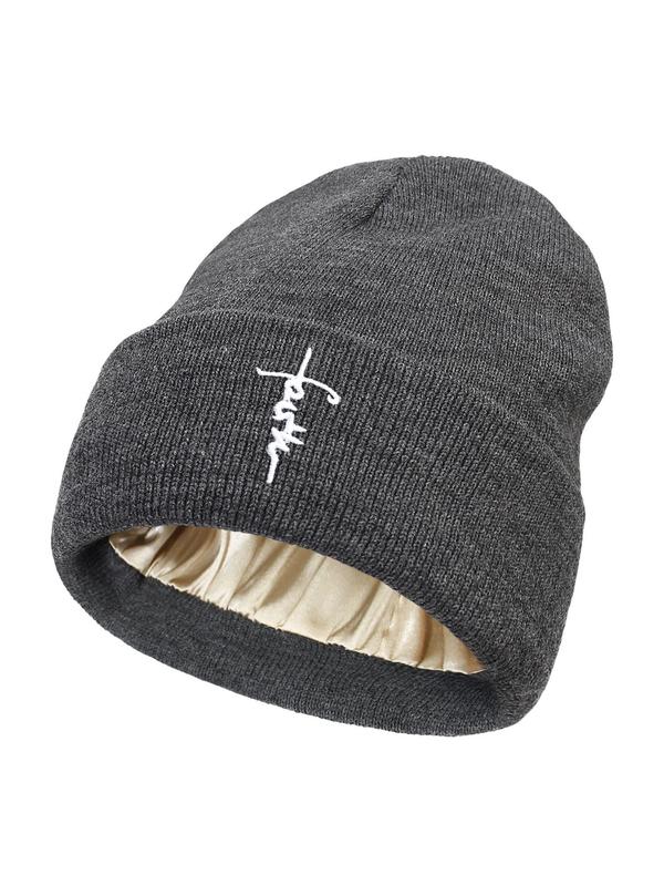 Letter Embroidery Satin lining Beanie Hat, Casual Winter Warm Knit Hat for Women & Men, Fashion Accessories for Daily Wear