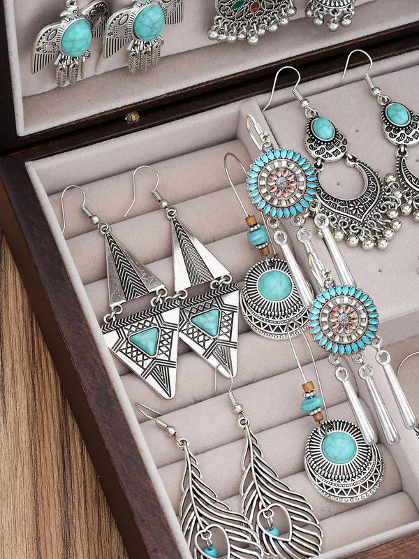 Boho Style Ethnic Pattern Jewelry Set, Turquoise Decor Pendant Necklace & Dangle Earrings Set, Vintage Jewelry Set for Women & Girls, Exquisite Jewelry for Birthday Gift, without Box