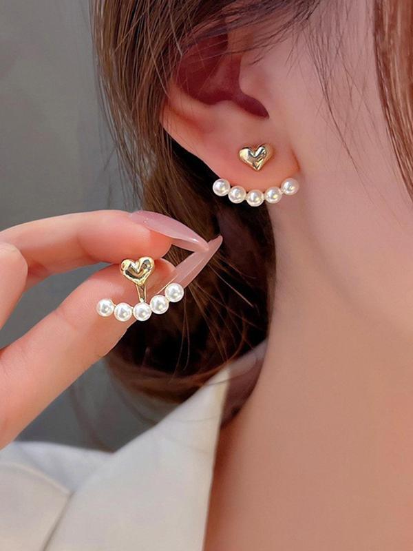 1 Pair Women's Elegant Fashion Faux Pearl Embellished Heart Stud Earrings, Reversible Front and Back, Holiday Party Accessories Gifts