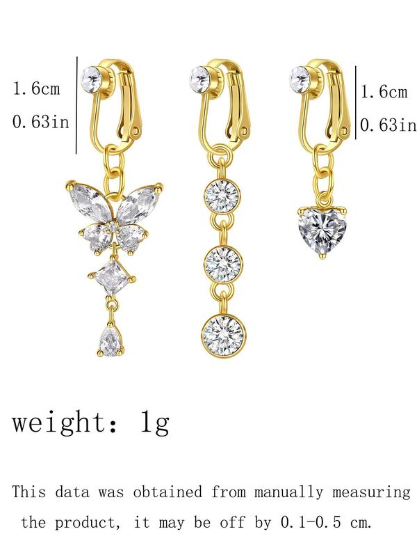 Women's Elegant Rhinestone Decor Fake Belly Rings, Exquisite Trendy Belly Piercing Jewelry with Butterfly & Heart Design, Fashionable Body Jewelry for Women & Girls