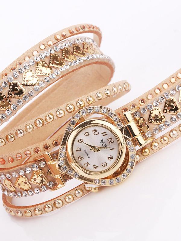 Women's Heart & Rivet & Rhinestone Decor Quartz Watch, PU Leather Strap Wristwatch, Fashionable Round Dial Analog Watch for Women & Girls, Trendy All-match Watch for Birthday Gift