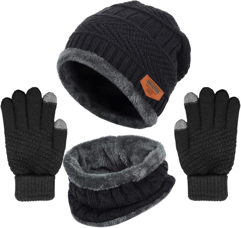 Winter Knit Beanie Hat  Warmer Gloves Set, Fleece Lined  Cap Infinity Scarves Touch Screen Mittens for Men Women