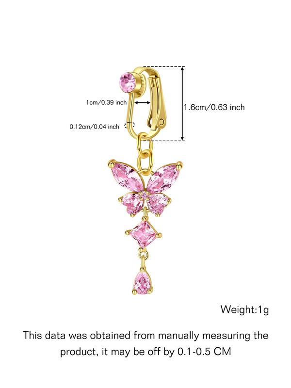 Women's Elegant Rhinestone Decor Fake Belly Rings, Exquisite Trendy Belly Piercing Jewelry with Butterfly & Heart Design, Fashionable Body Jewelry for Women & Girls