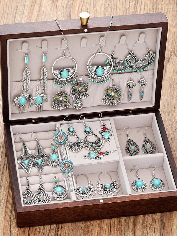 Boho Style Ethnic Pattern Jewelry Set, Turquoise Decor Pendant Necklace & Dangle Earrings Set, Vintage Jewelry Set for Women & Girls, Exquisite Jewelry for Birthday Gift, without Box