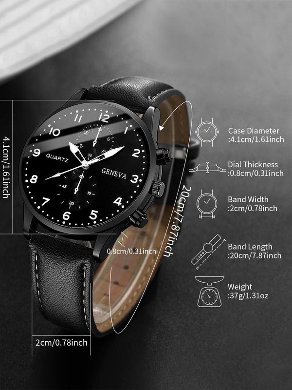 Men's Classic Business Pu Leather Strap Quartz Watch Set, Round Dial Analog Watch & Matching Bracelet Kit, 2024 New Trendy Casual Wristwatch for Boys, without Box