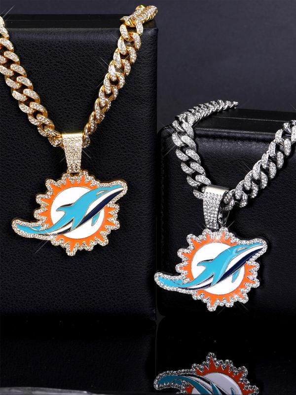 2024 New Style Dolphins Pendant Necklace, Hip Hop Punk Rhinestone Decor Cuban Necklace for Football Fans, Icy Hip Hop Pendant for Jewelry Men