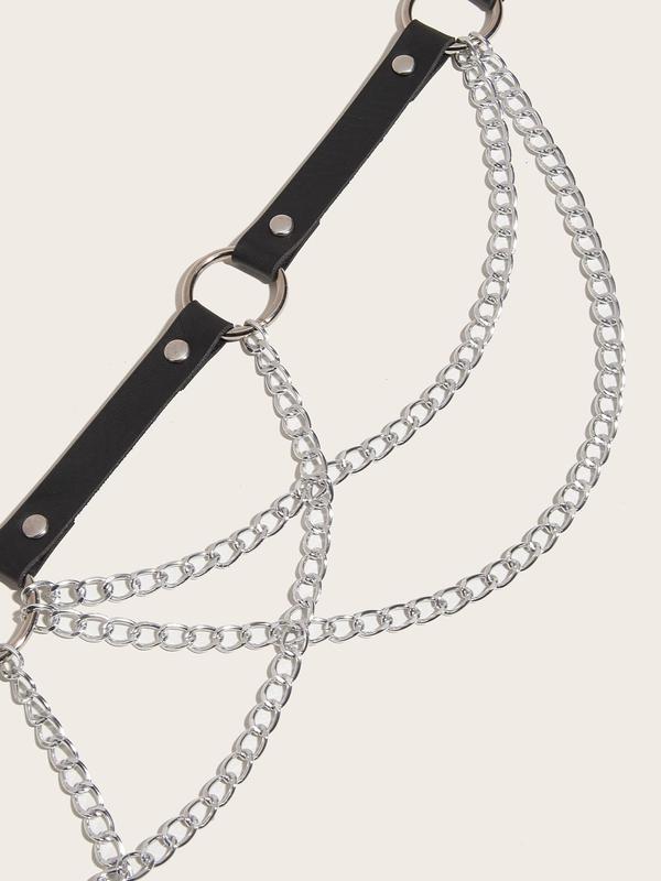 Women's Punk Multi-layer Chain & Studded Decorated Pu Leather Buckle Belt, Fashion O-ring Design Belt for Dress & Jeans, Female Clothes Accessories for Muscial Festival, Party, Club