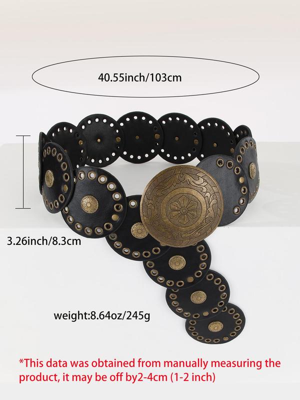 Women's Ethnic Pattern Hollow Out Design Western Belt, Vintage Style Round Design Buckle Belt, Fashion Accessories for Daily Wear