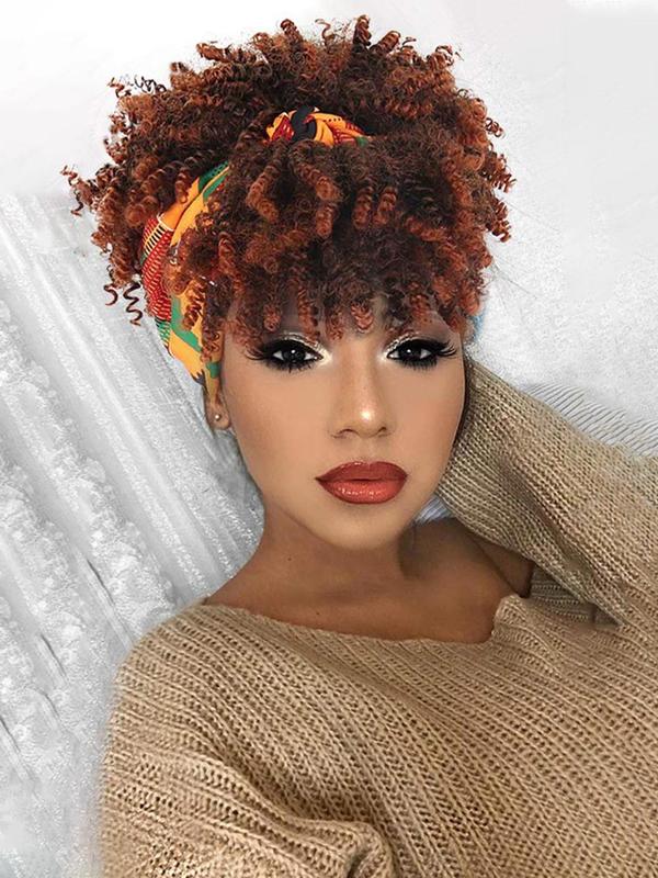 Women's 8inch Afro Kinky Coily Wigs with Headband, Natural Fluffy Curly Soft Synthetic Hair Wigs, Synthetic Full Machine Wigs for Party, Cosplay, Taking Photos, Daily Use