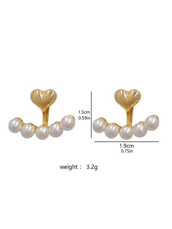 1 Pair Women's Elegant Fashion Faux Pearl Embellished Heart Stud Earrings, Reversible Front and Back, Holiday Party Accessories Gifts