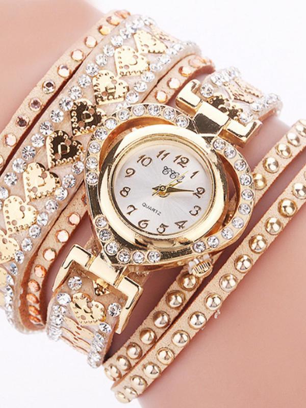 Women's Heart & Rivet & Rhinestone Decor Quartz Watch, PU Leather Strap Wristwatch, Fashionable Round Dial Analog Watch for Women & Girls, Trendy All-match Watch for Birthday Gift