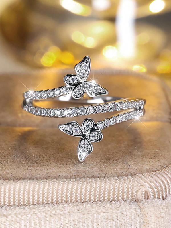 Women's Elegant Rhinestone Decorated Butterfly Design Ring, Exquisite Trendy Layered Ring, Fashionable Jewelry As Gift for Women & Girls