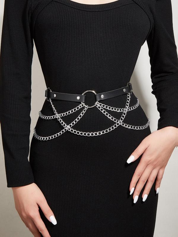 Women's Punk Multi-layer Chain & Studded Decorated Pu Leather Buckle Belt, Fashion O-ring Design Belt for Dress & Jeans, Female Clothes Accessories for Muscial Festival, Party, Club