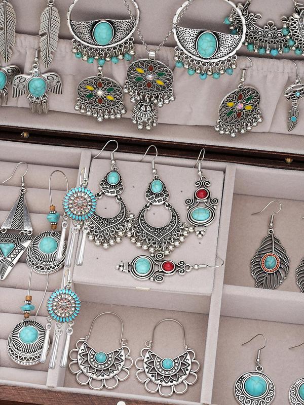 Boho Style Ethnic Pattern Jewelry Set, Turquoise Decor Pendant Necklace & Dangle Earrings Set, Vintage Jewelry Set for Women & Girls, Exquisite Jewelry for Birthday Gift, without Box