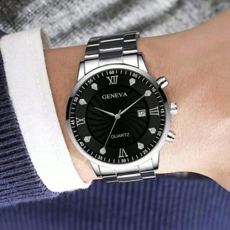 Watch For Men Black Stainless Steel Strap Glamorous Rhinestone Decor Date Round Dial Quartz Watch, For Daily Life Holiday As A Gift For Students Returning To School