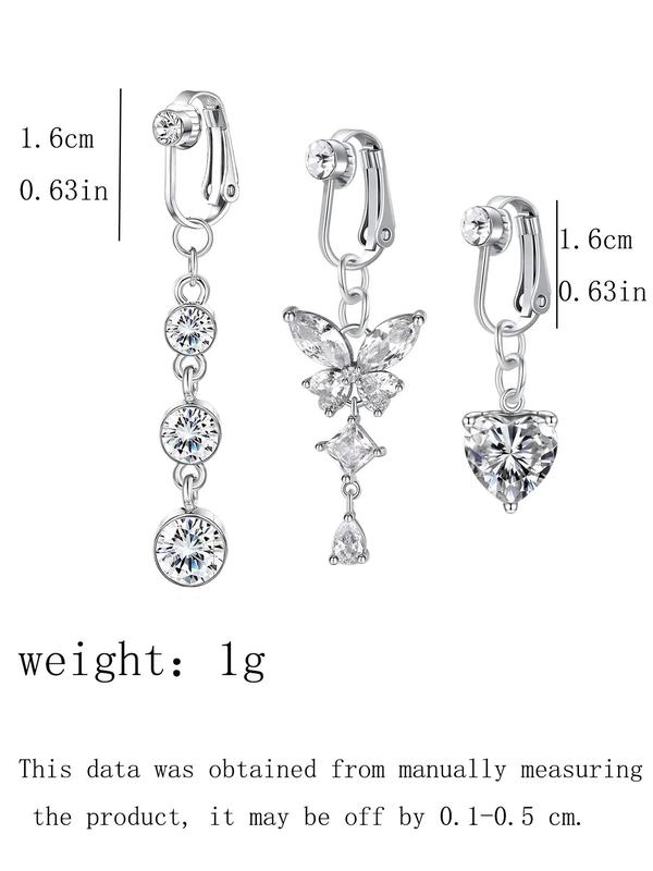 Women's Elegant Rhinestone Decor Fake Belly Rings, Exquisite Trendy Belly Piercing Jewelry with Butterfly & Heart Design, Fashionable Body Jewelry for Women & Girls