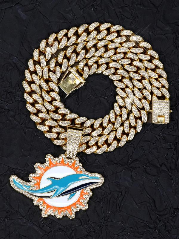 2024 New Style Dolphins Pendant Necklace, Hip Hop Punk Rhinestone Decor Cuban Necklace for Football Fans, Icy Hip Hop Pendant for Jewelry Men