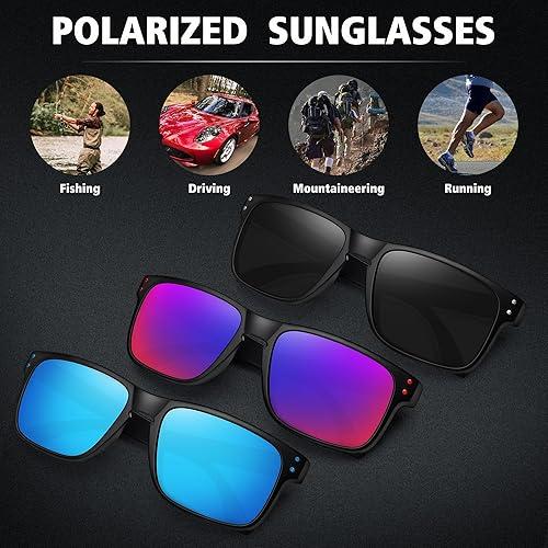 Set of 3 Polarized and Coated Lens Sunglasses for Men and Women, UV400 Protection, Rectangle Full Rim Frame, Sports Driving Fishing SunGlasses