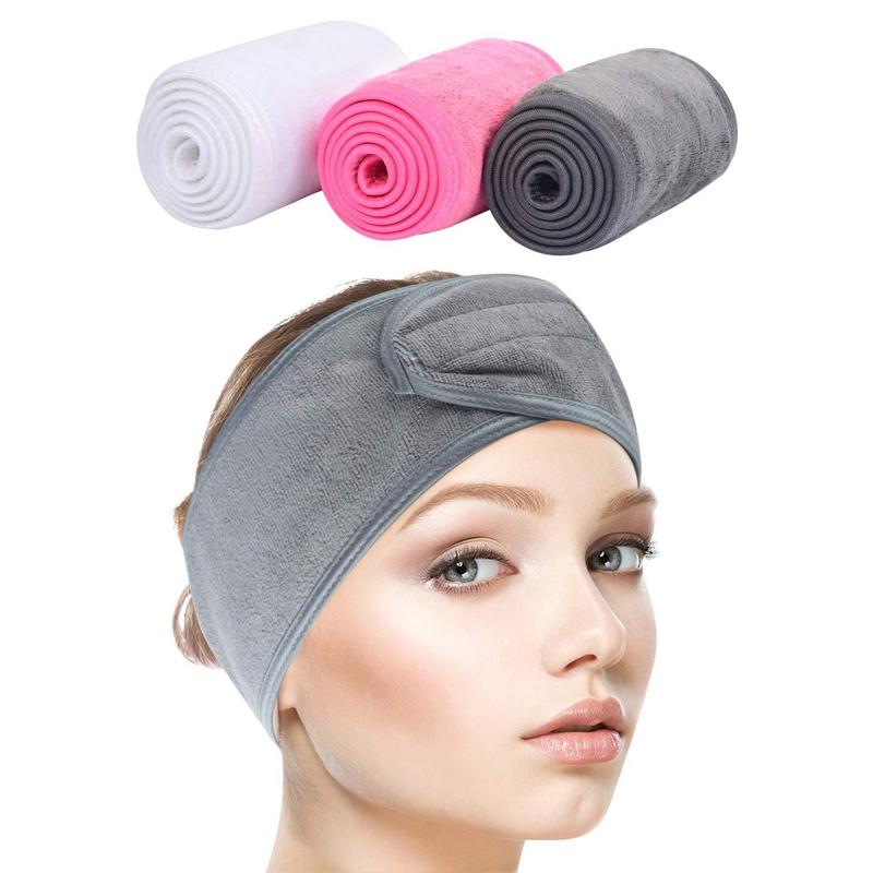 Headband for Women 3 Counts Adjustable Makeup Hair Band with Magic Tape, Wrap for  Care, Makeup and