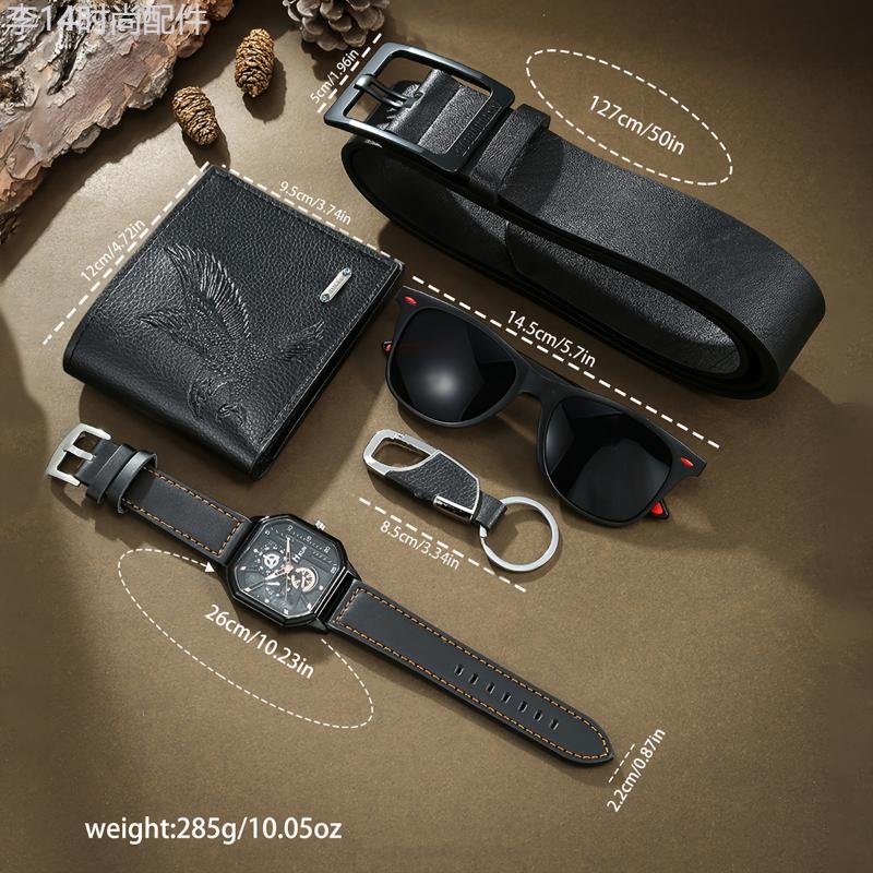 5pcs set, Men's Fashion Watch & Belt & Keychain & Glasses & Wallet Gift Box Set