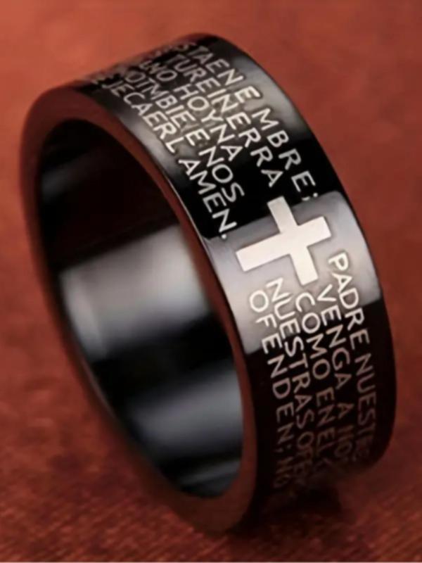 Fashion Retro Classic Letter & Cross Pattern Stainless Steel Ring, Trendy Rings Jewelry for Men Boys, Classic Fashion Accessories for Daily Wear